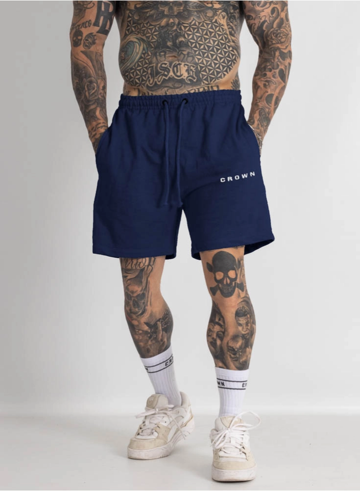 Bermuda de Moletom Crown Curta Middle Bordada Azul Marinho