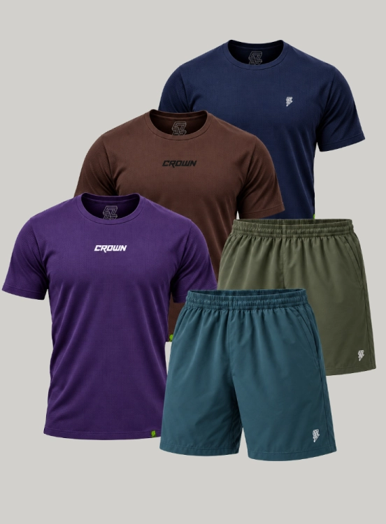 Kit Crown 3 Camisetas Polytech + 2 Bermudas Poliamida Produto Kit Crown 3 Camisetas Polytech + 2 Bermudas Poliamida